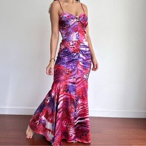 Vintage Y2K vibrant animal print maxi evening mermaid dress
